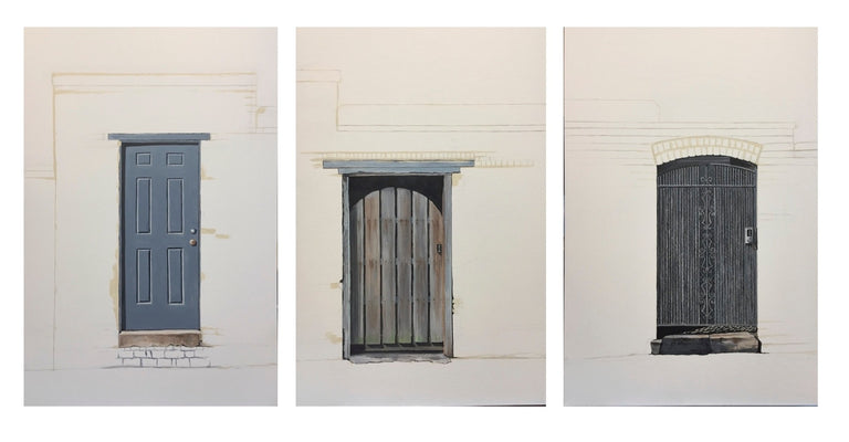 Hollett-Bazouzi, Linda Title: Triptych, Three Doors in the Alley Wall