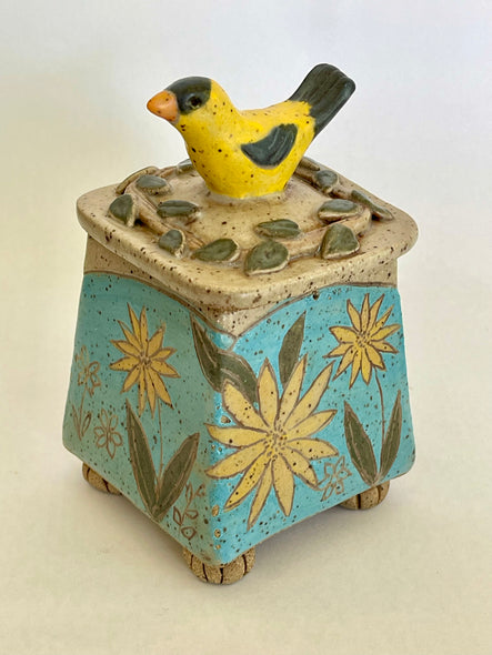 Joyce Leatherwood title: Goldfinch Box with Yellow Flowers