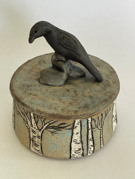 Joyce Leatherwood title: Raven Box with Aspen Trees